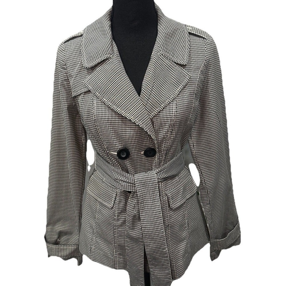 Halogen Womens Black White Gingham Trench Belted Peacoat Size Medium Blazer